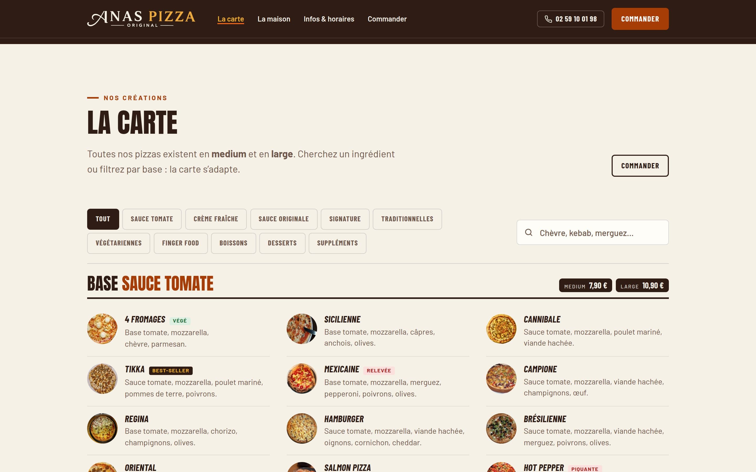 La carte en ligne d'Anas Pizza Original, filtrable par base et par ingrédient