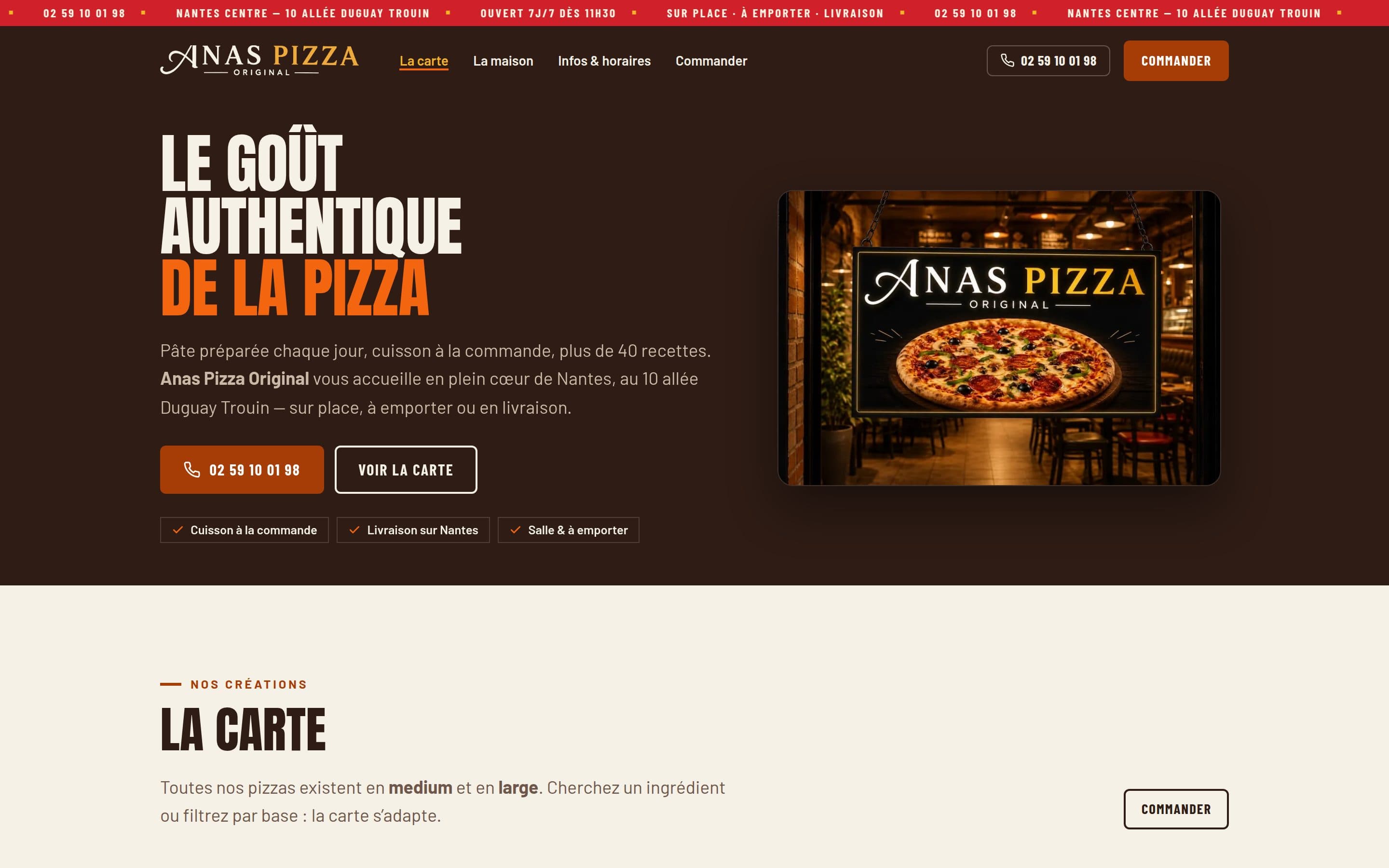 Page d'accueil du site Anas Pizza Original : identité noire et orange, téléphone et bouton Commander en évidence