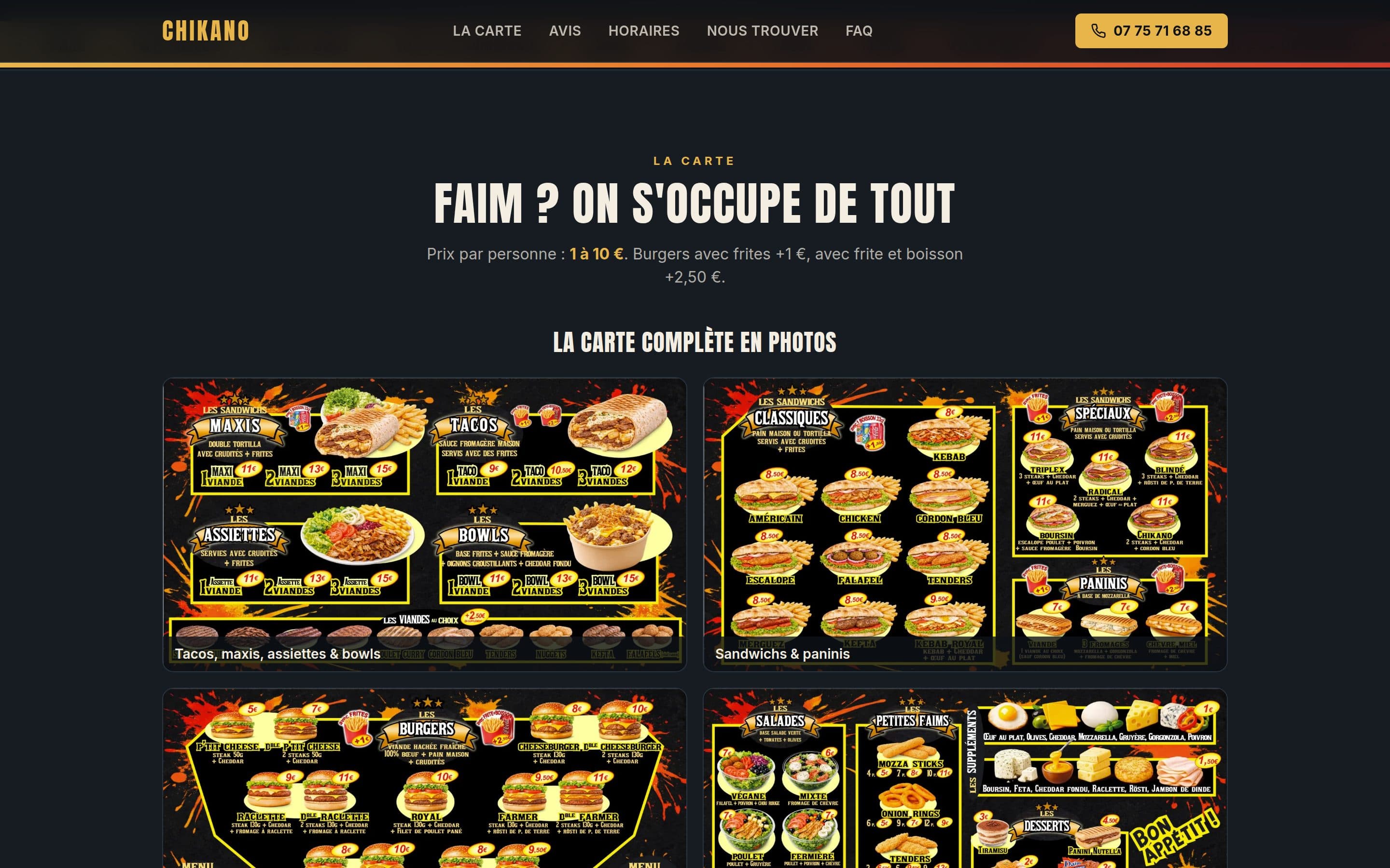 La carte du snack Chikano présentée en ligne