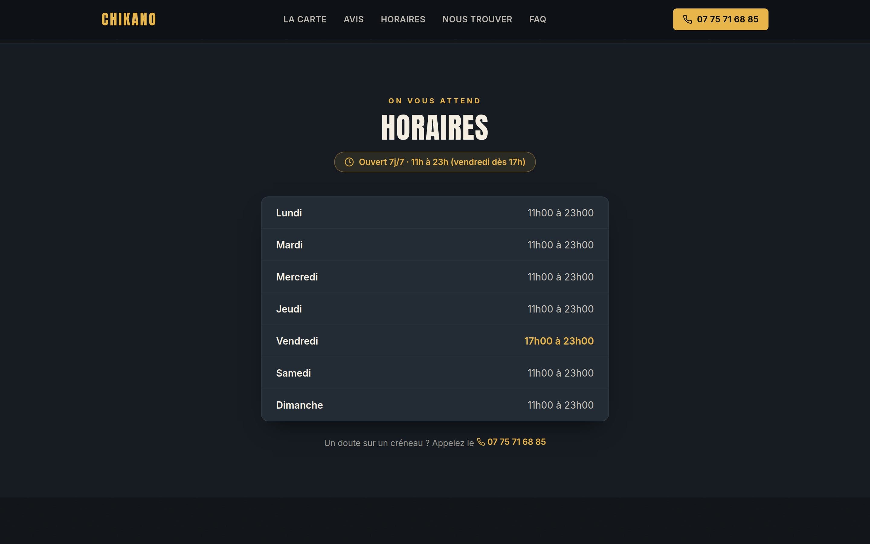 Section horaires du site Chikano