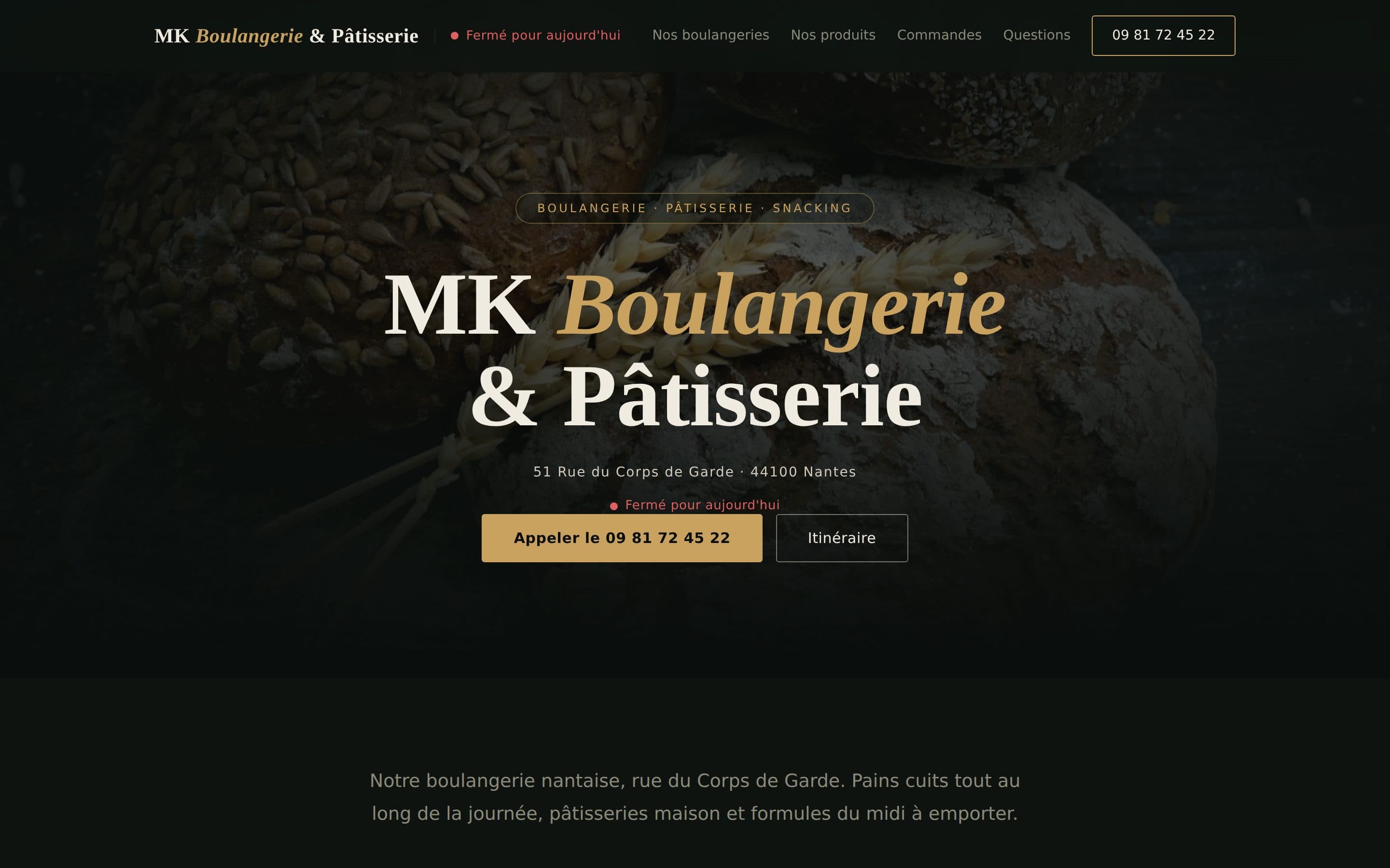 Page de la boulangerie MK à Nantes : adresse, badge fermé aujourd'hui, appel et itinéraire