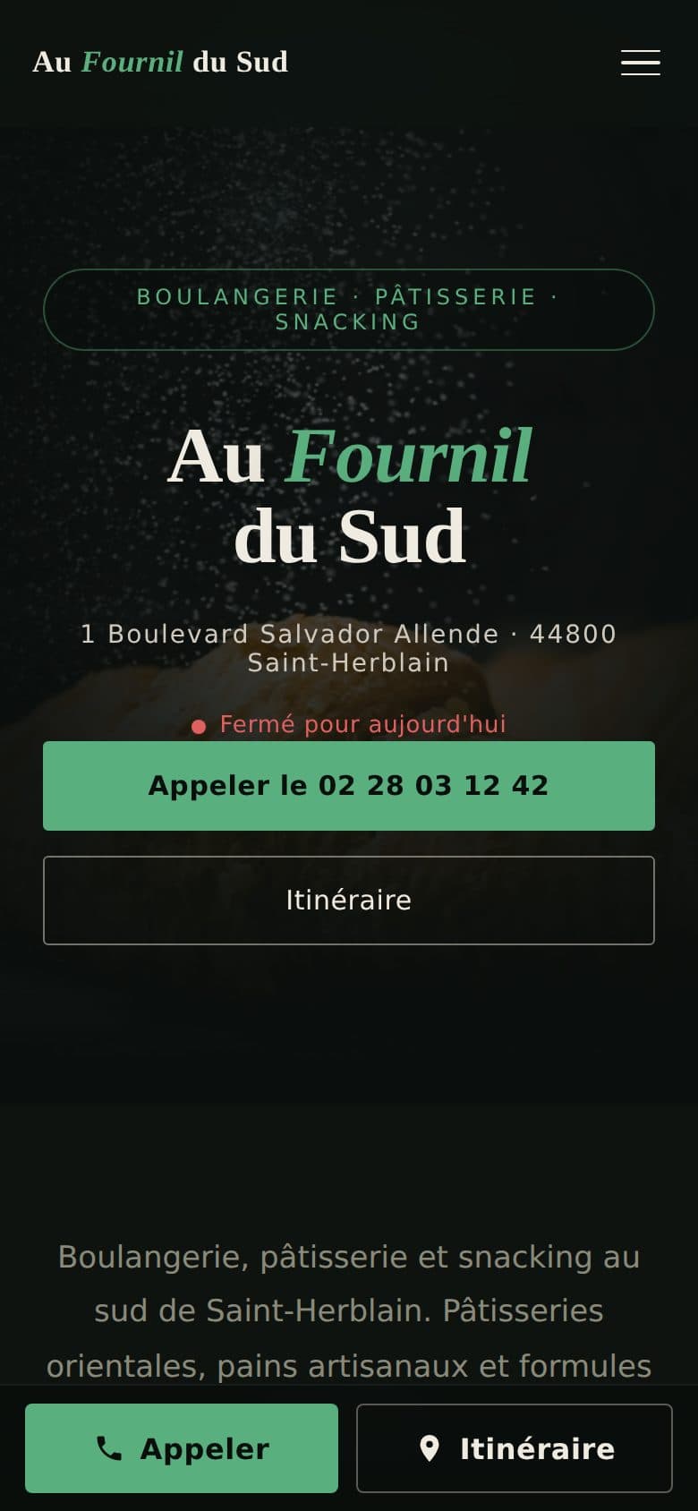 Version mobile de la page Au Fournil du Sud, avec barre d'appel collante