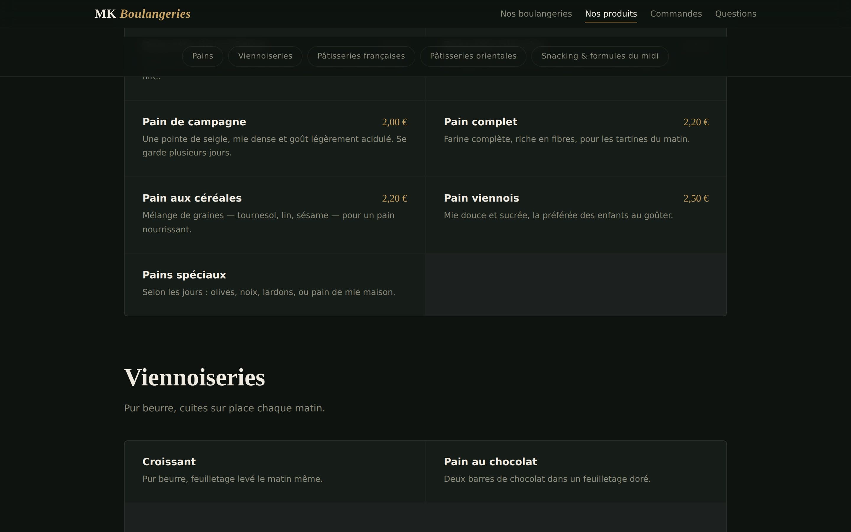 Catalogue produits du site MK Boulangeries, avec les prix des pains