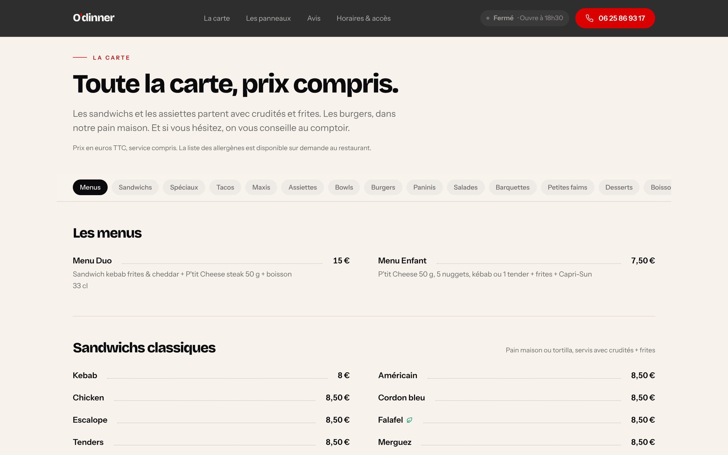 La carte d'O'dinner en ligne, par catégories, avec les prix