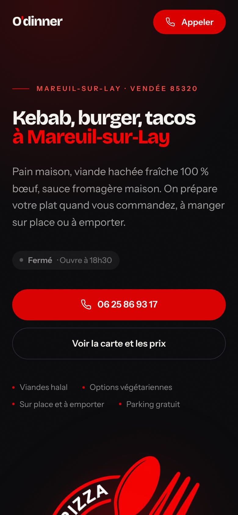 Version mobile du site O'dinner