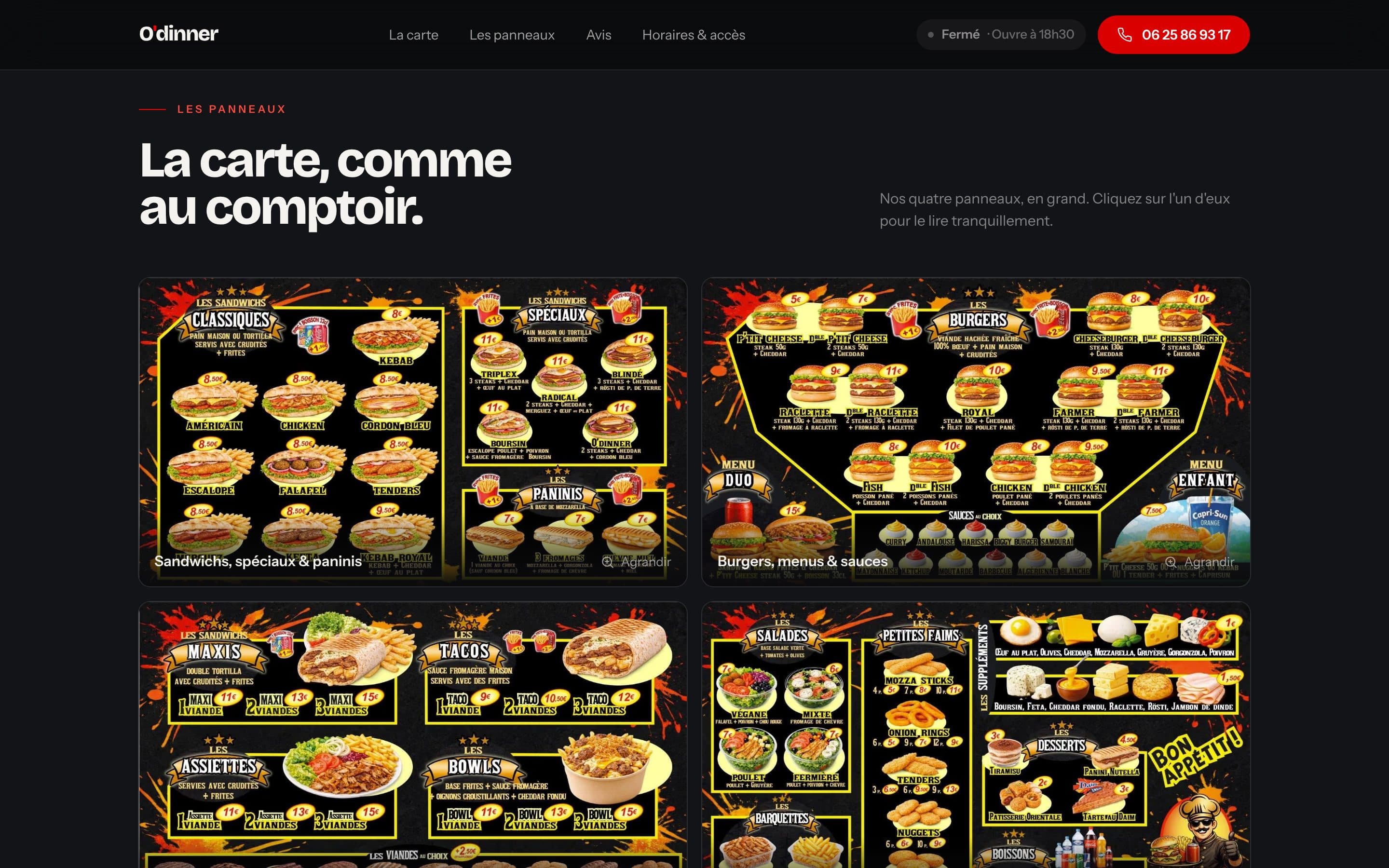Les quatre panneaux du comptoir d'O'dinner, en photo