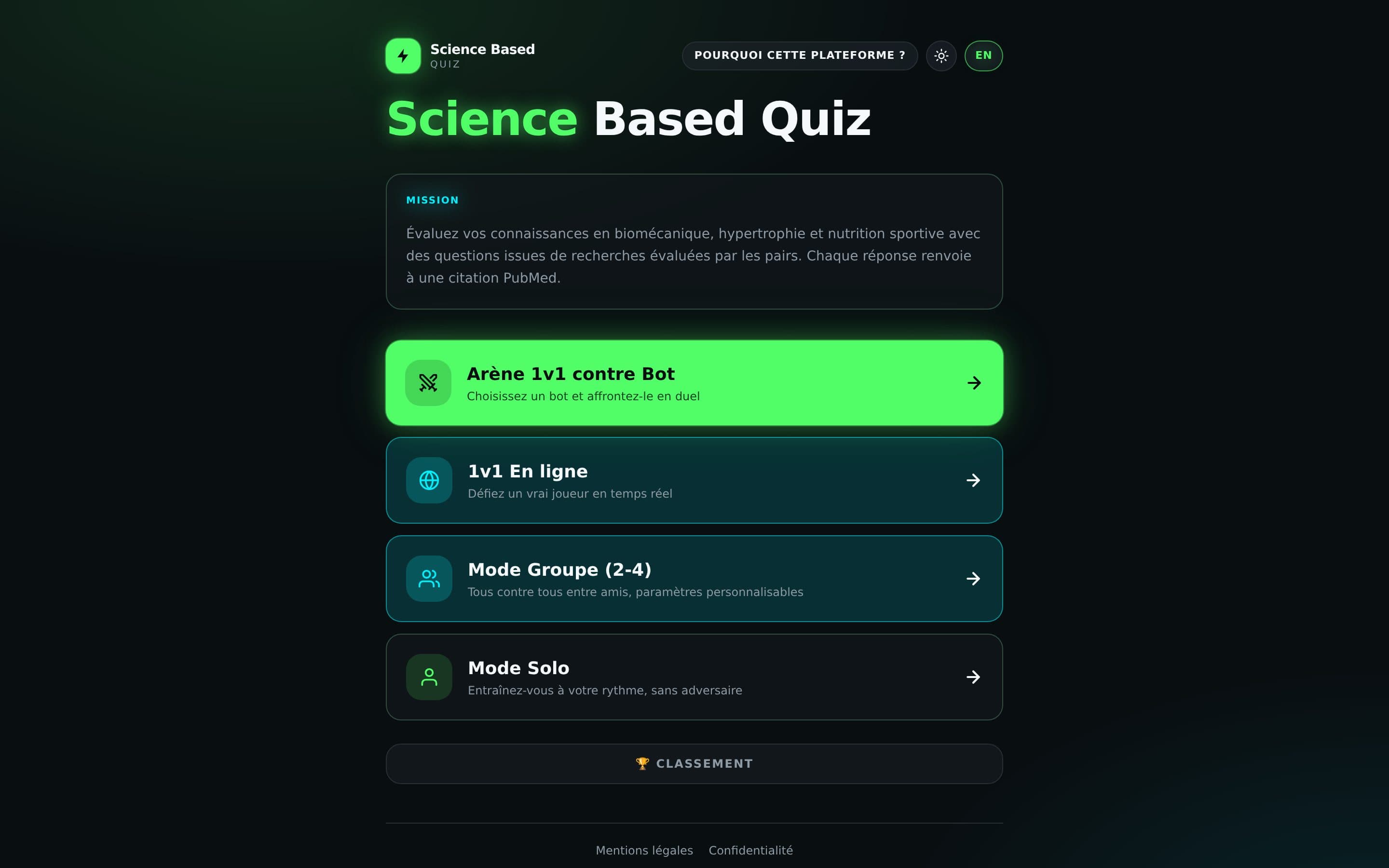 Page d'accueil de Science Based Quiz : les quatre modes de jeu