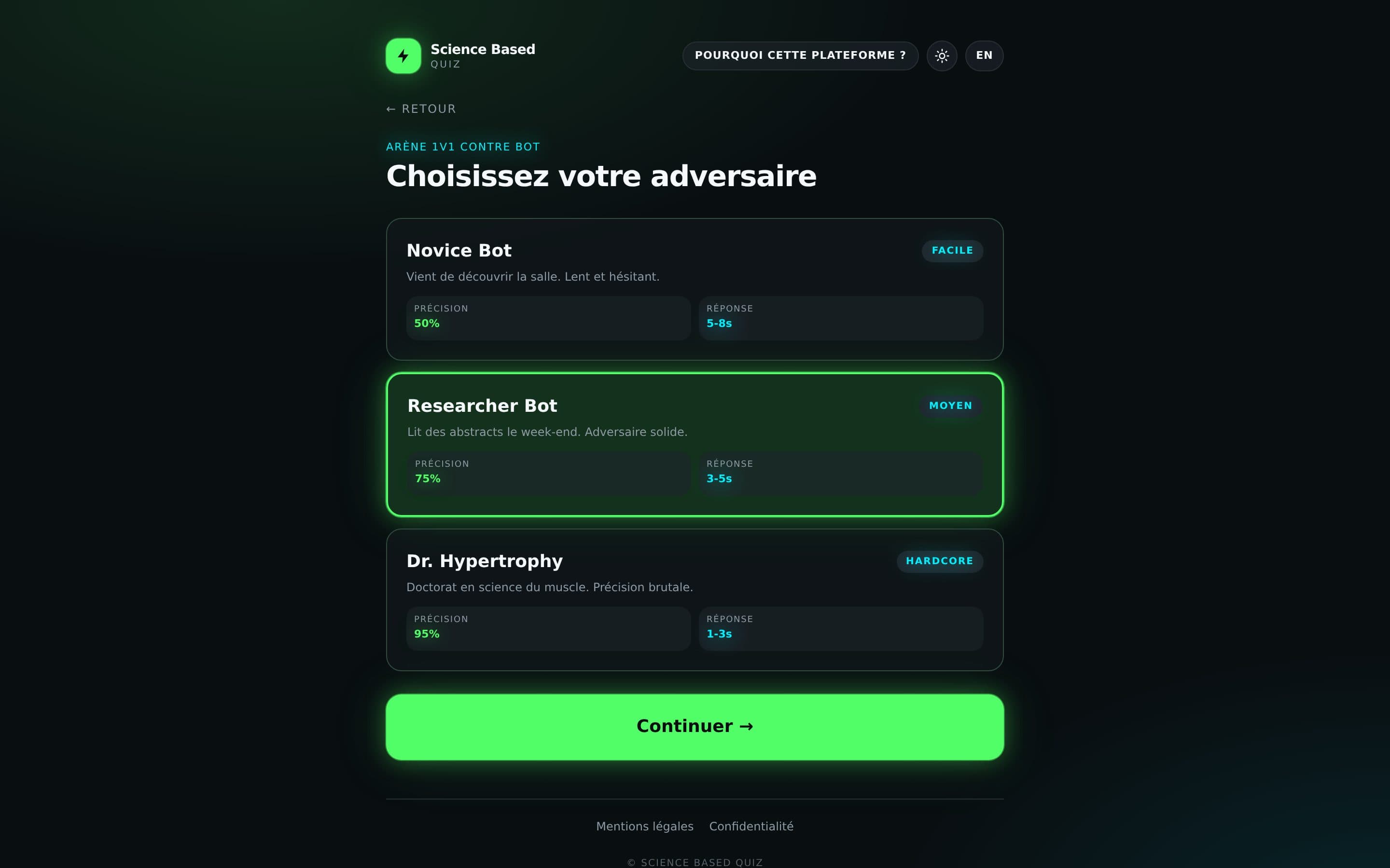 Choix du bot adverse : Novice, Researcher et Dr. Hypertrophy, avec précision et temps de réponse