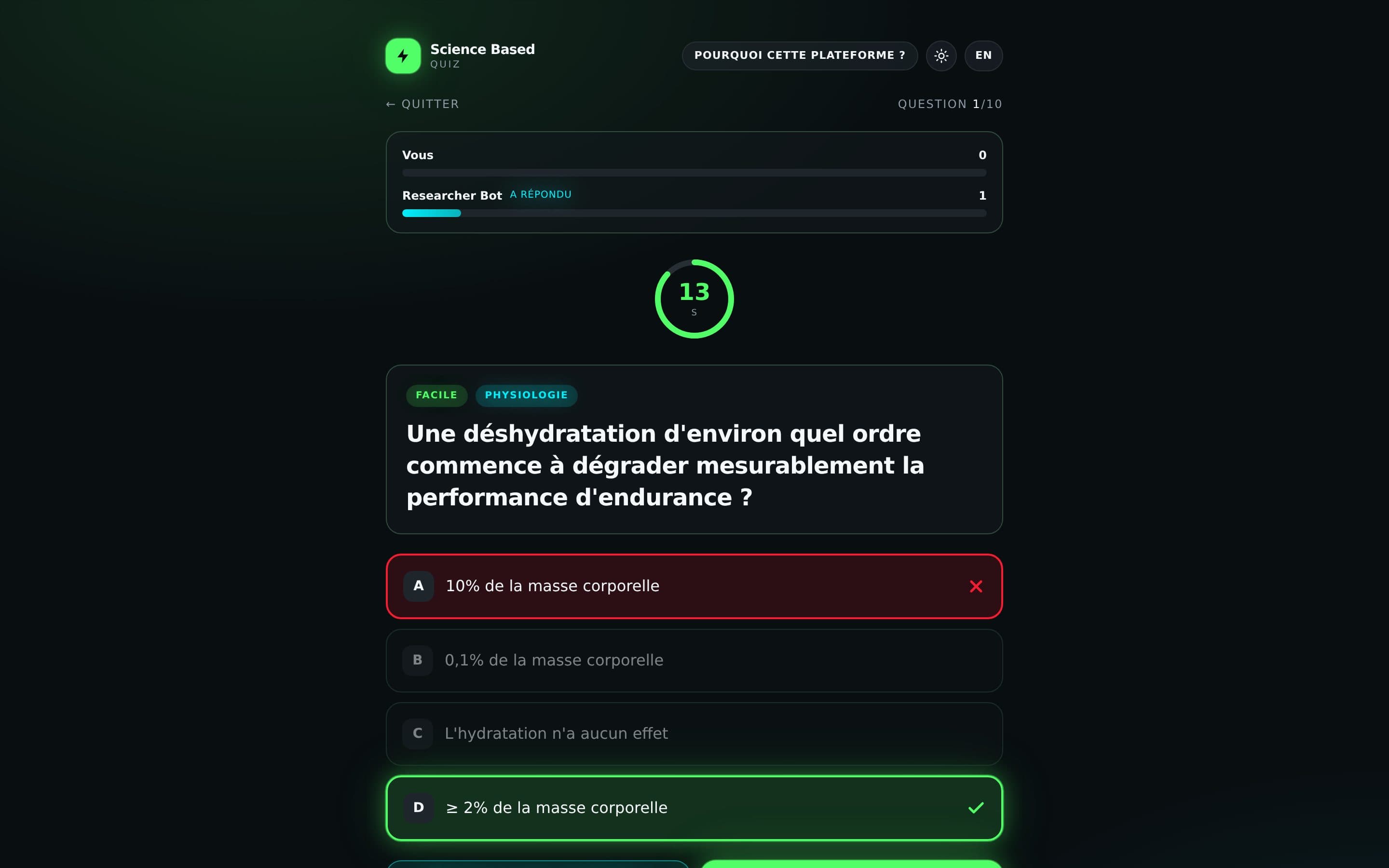 Arène 1v1 de Science Based Quiz : question de physiologie, bonne et mauvaise réponse mises en évidence