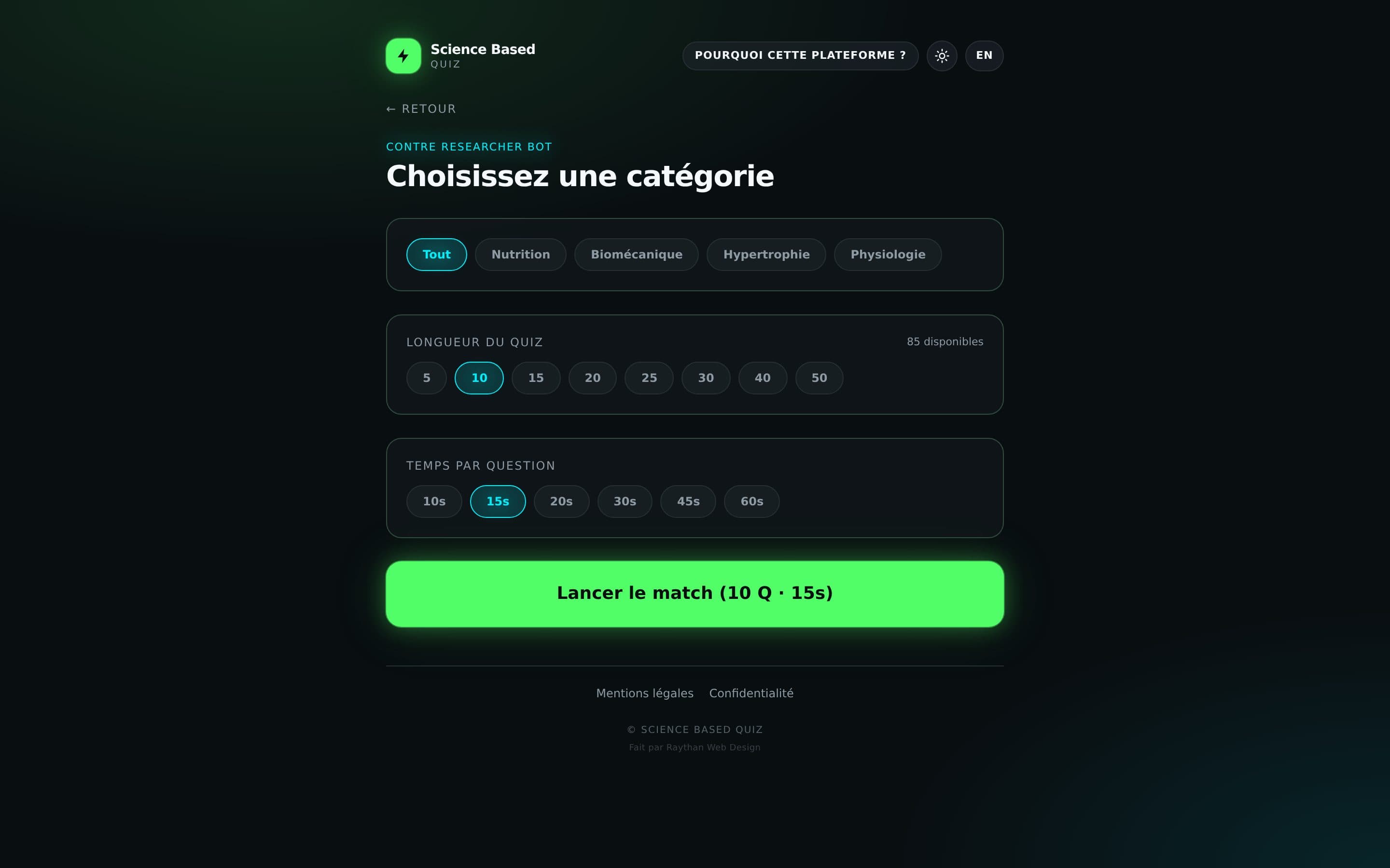 Écran de configuration : catégorie, nombre de questions, temps par question