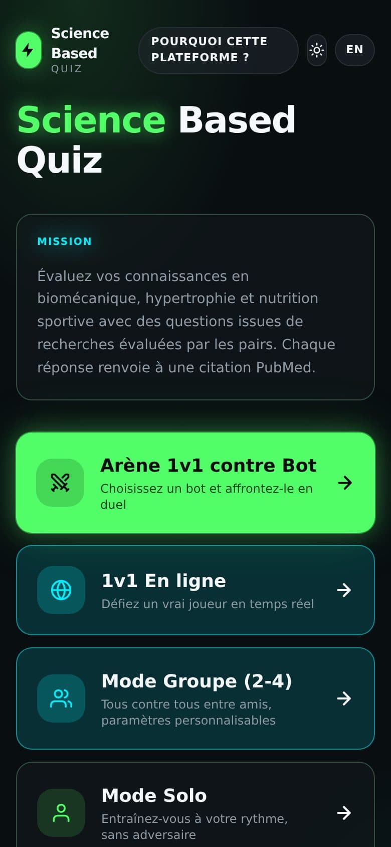 Version mobile de Science Based Quiz