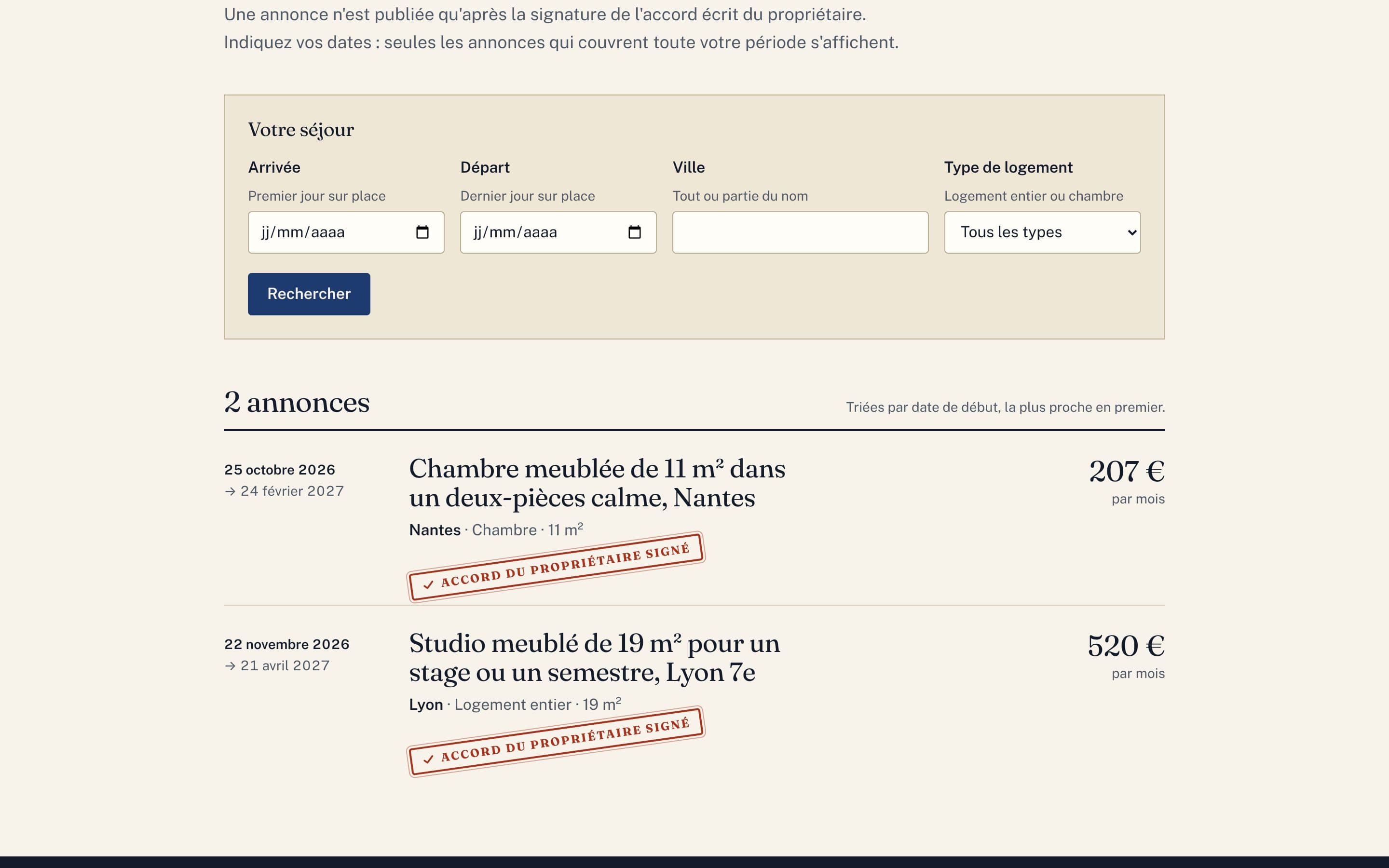Annonces publiques de Subly, chacune marquée « Accord du propriétaire signé »