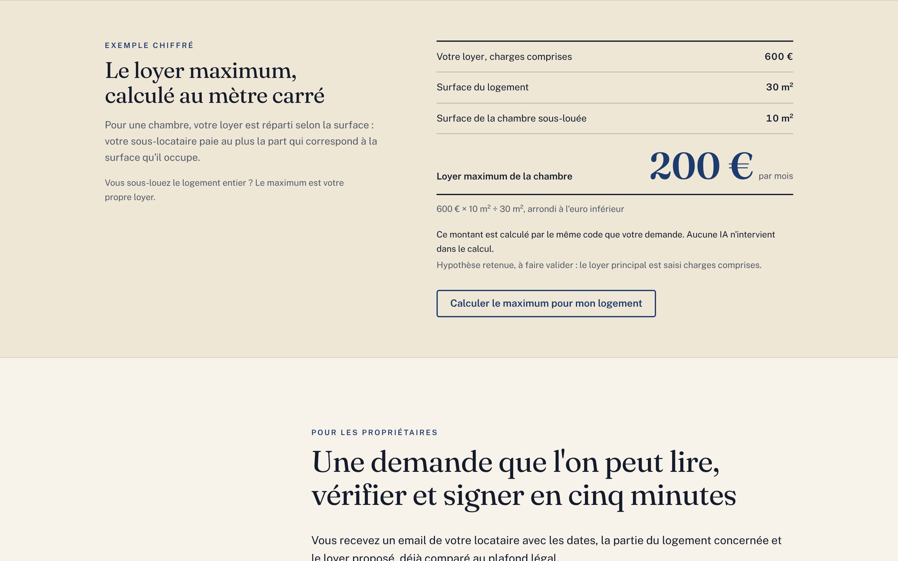 Exemple chiffré du loyer maximum : 600 € pour 30 m², chambre de 10 m², 200 € par mois