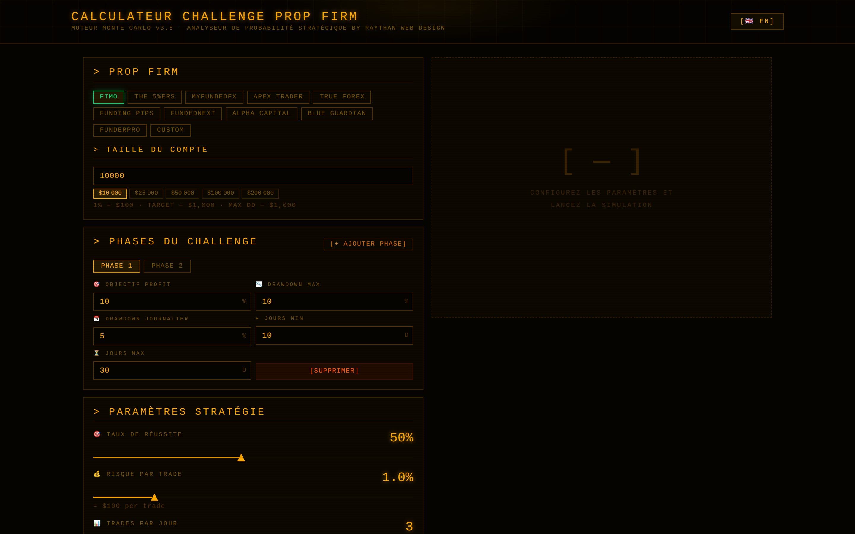 Configuration d’un challenge dans FundedCalc : prop firm, phases, stratégie