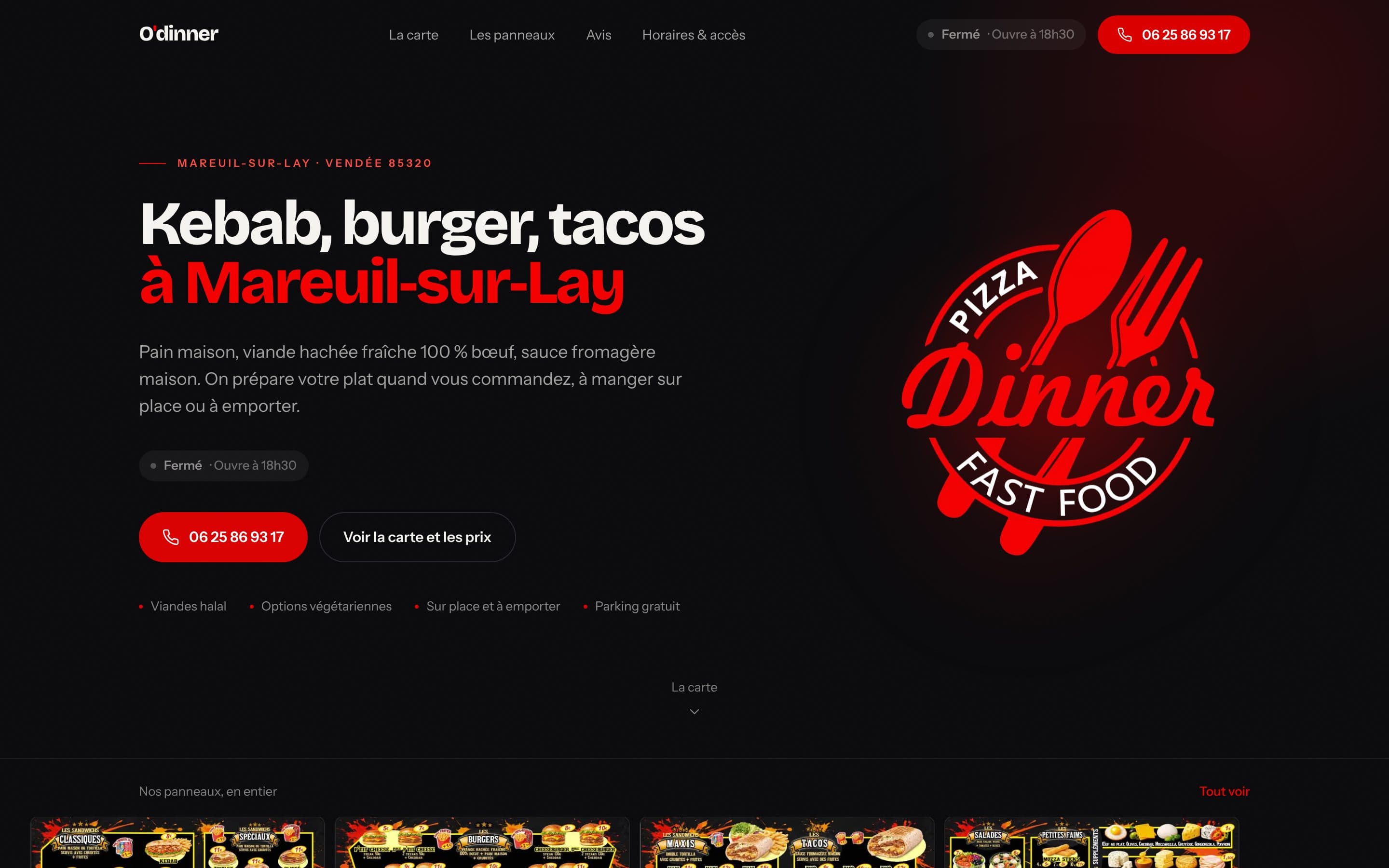Accueil du site O'dinner : « Kebab, burger, tacos à Mareuil-sur-Lay », statut d'ouverture et bouton d'appel