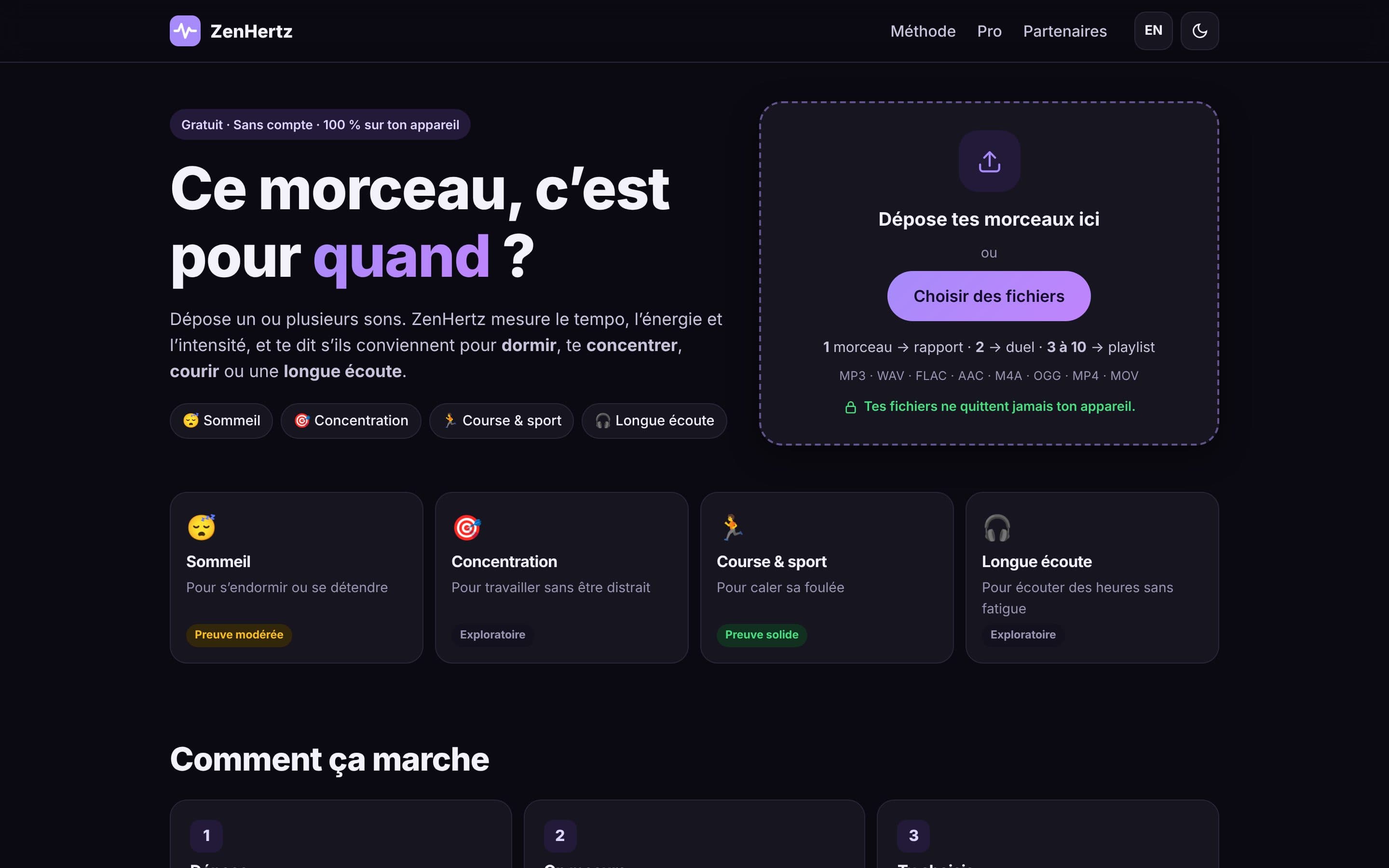 Accueil de ZenHertz : « Ce morceau, c’est pour quand ? », zone de dépôt des fichiers et quatre usages notés